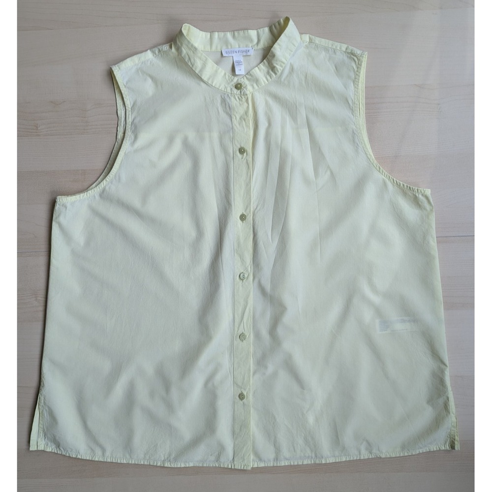 Eileen Fisher Minimalist Butter Yellow Sleeveless Mandarin Collar Button Up